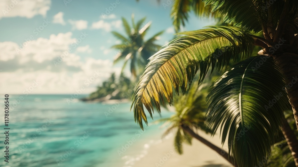 Fototapeta premium A serene coastal scene featuring palm trees and a body of water
