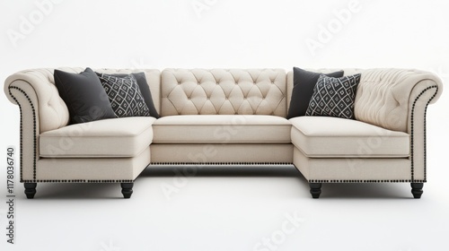 Beige sectional sofa with tufted back and dark grey pillows. photo