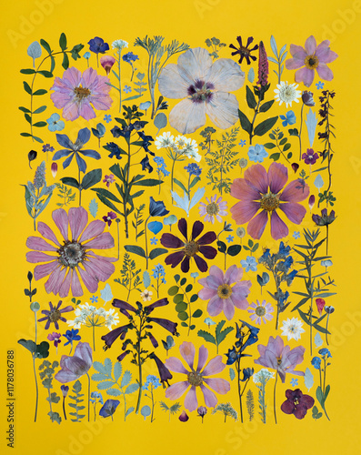 Eye-catching yellow compositions with pressed flowers photo