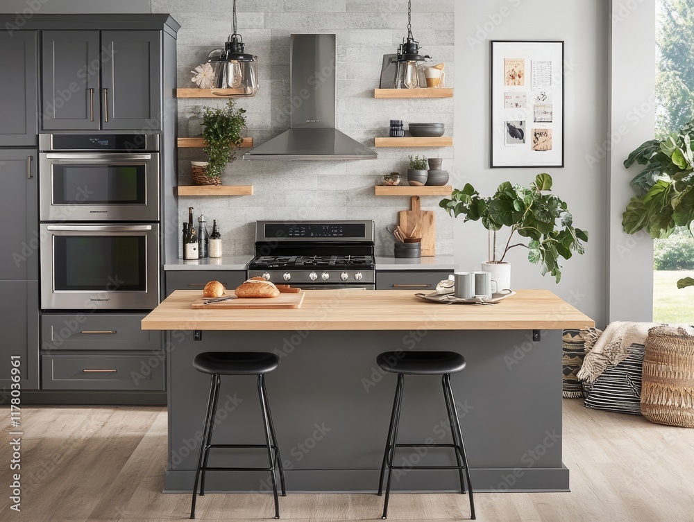 Sleek modern kitchen featuring gray cabinets, light wood countertop, and stylish bar stools Sleek modern kitchen featuring gray cabinets, light wood countertop, and stylish bar stools