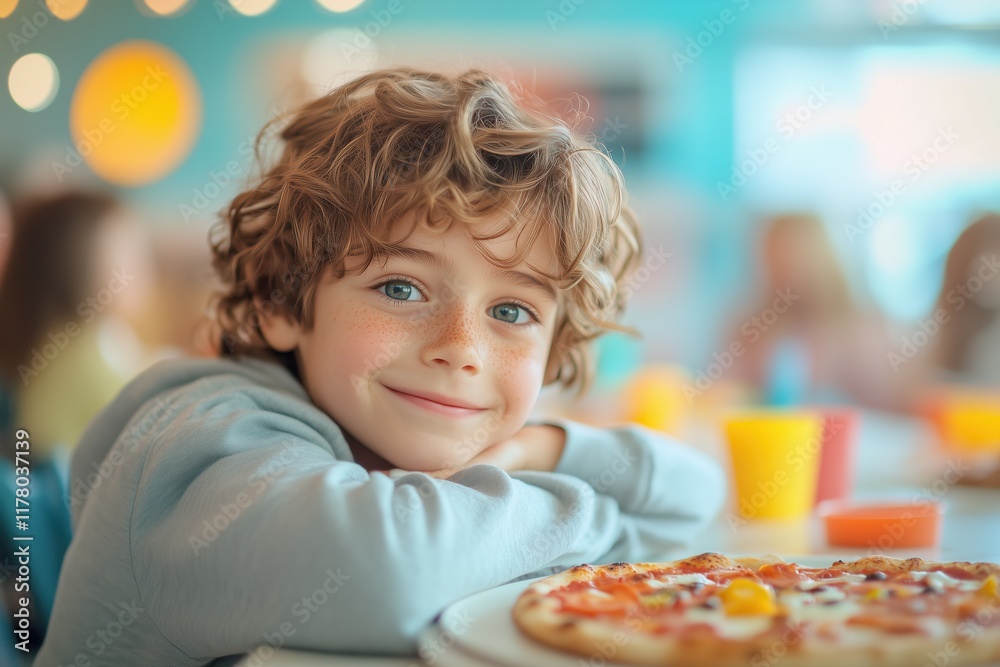 Child enjoys making a pastel themed DIY pizza with friends in a bright cafe setting Child enjoys making a pastel themed DIY pizza with friends in a bright cafe setting