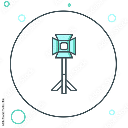 Line Studio light bulb in softbox icon isolated on white background. Shadow reflection design. Colorful outline concept. Vector