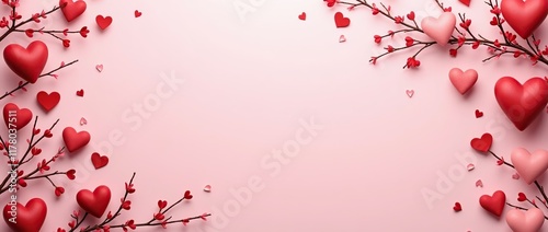 A pink background with red heart-shaped decorations, some on branches, creating a romantic Valentine's Day.