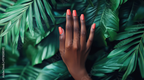 Vibrant coral manicure on model's hand with tropical foliage in studio setting photo