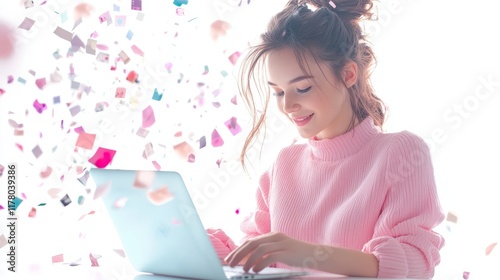 A social media marketer scheduling posts and ads on a laptop screen on a white isolated background