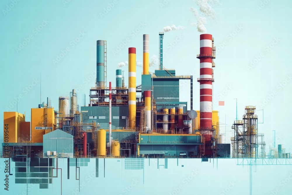 Obraz premium Industrial complex with colorful smokestacks and modern architecture in a sunny environment