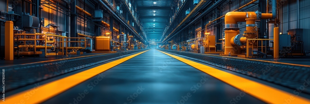 Fototapeta premium Industrial warehouse interior with illuminated machinery and equipment during nighttime
