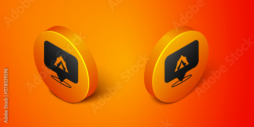 Isometric Circus tent icon isolated on orange background. Carnival camping tent. Amusement park. Orange circle button. Vector