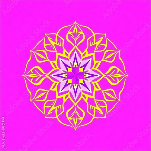 Vibrant Mandala Design:  A captivating mandala with intricate details, a vibrant purple background, and a golden yellow design that embodies harmony and balance. Perfect for meditation, yoga. photo