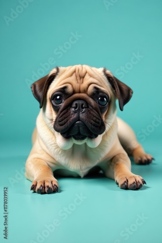 Small pug lying on the floor with droopy ears and sad expression, isolated, downcast eyes, pug