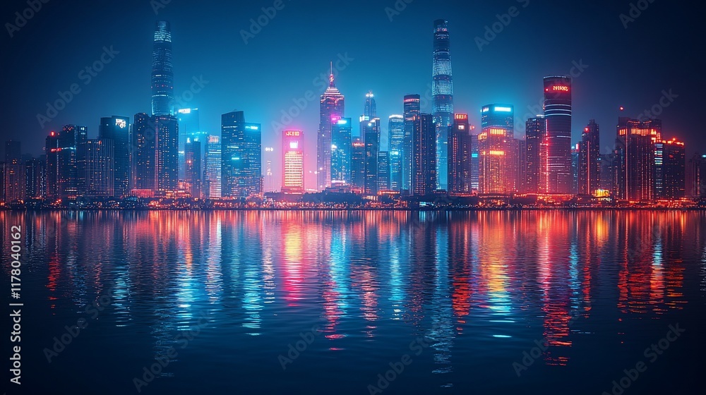 Fototapeta premium Nighttime Cityscape Reflecting In Water Showing Vibrant Lights