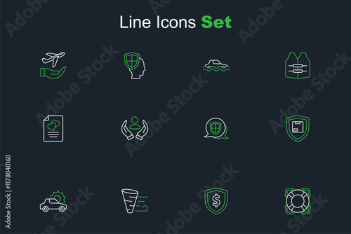 Set line Lifebuoy, Shield with dollar, Tornado, Car insurance, Delivery security shield, and Marriage contract icon. Vector