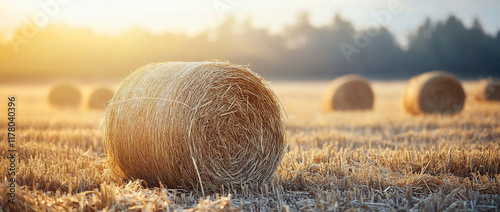 Golden hay bales in a sunlit field at sunrise.