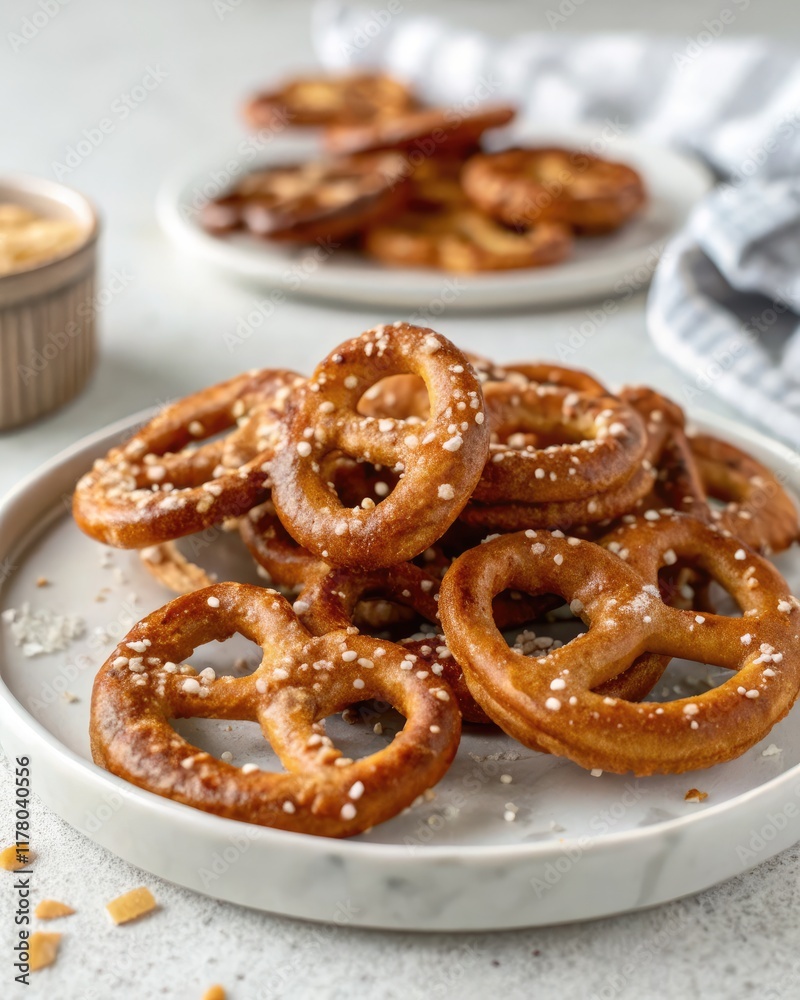Crunchy Butter Toffee Pretzels on a White Plate. Generative AI Crunchy Butter Toffee Pretzels on a White Plate. Generative AI