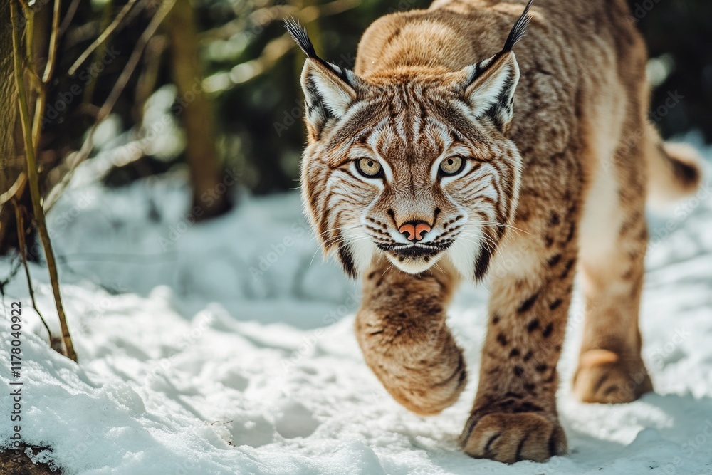 Obraz premium Close-up shot of a lynx walking through deep snow