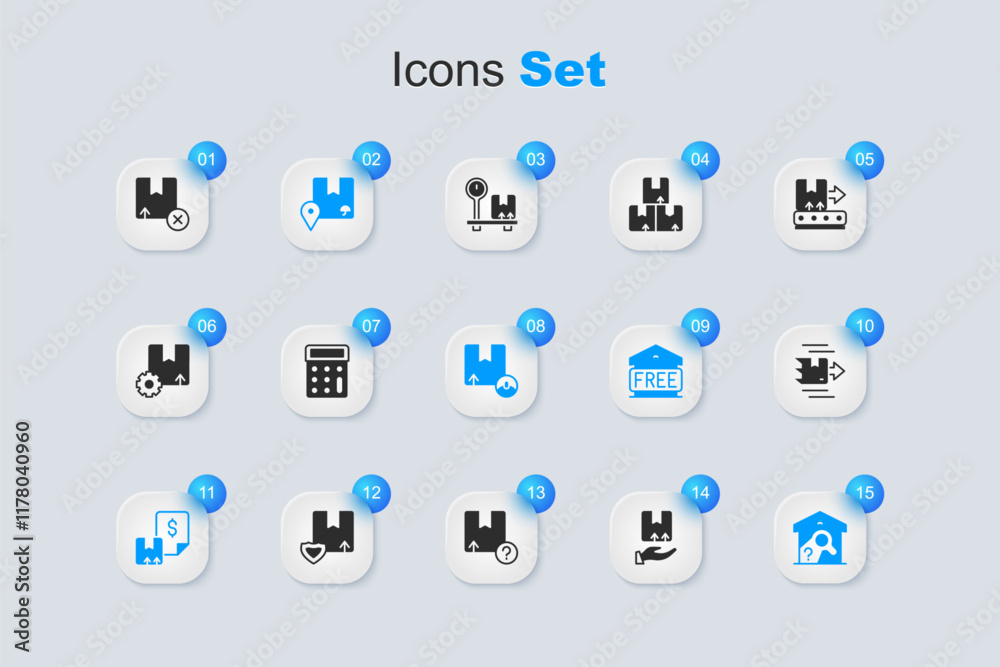 Set Delivery hand with box, Calculator, Location cardboard, Waybill, Warehouse check, Carton, and icon. Vector Set Delivery hand with box, Calculator, Location cardboard, Waybill, Warehouse check, Carton, and icon. Vector