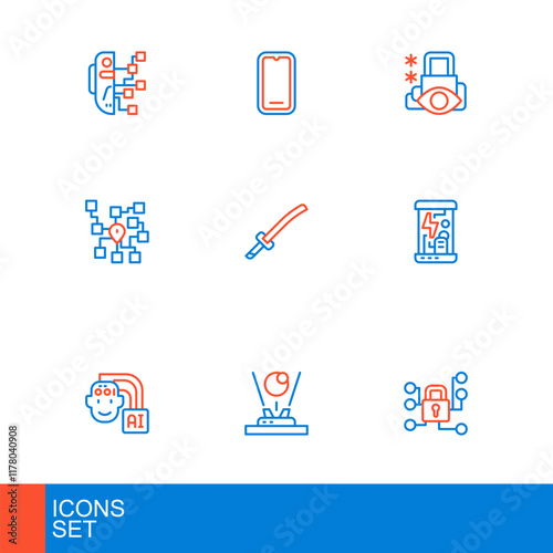 Set line Cyber security, Hologram, Humanoid robot, Cryogenic capsules, Neural network, Katana, and Mobile phone icon. Vector