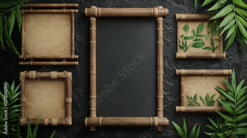 Realistic set of bamboo wood and paper signboards with tropical green leaves isolated on black background. Vector illustration of announcement, menu, map, information board templates for game ui