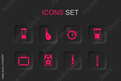 Set Stereo speaker, Bandura, African djembe drum, Mandolin, percussion, Flute, Drum with sticks and Guitar amplifier icon. Vector