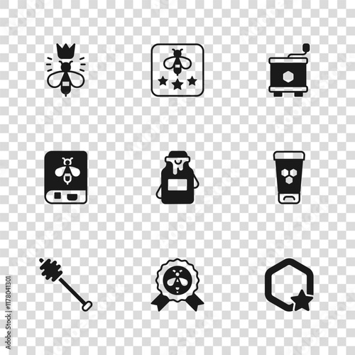 Set Best bee, Cosmetic tube with honey, Honeycomb, Jar of, extractor, Queen, Type and Book about icon. Vector