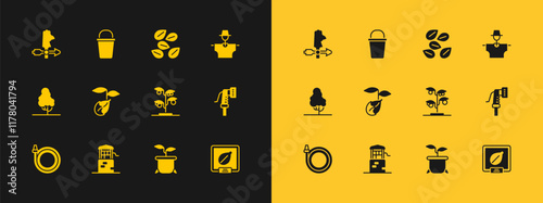 Set Scarecrow, Well, Sprout, Plant in pot, Seeds of specific plant, Rooster weather vane and Bucket icon. Vector