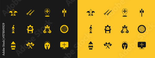 Set Medieval axe, Crossed medieval axes, Princess or queen, helmet, throne, Crusade, Fleur lys lily flower and arrows icon. Vector