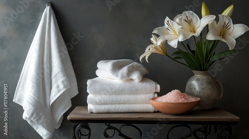 stack of fluffy white towels draped over a wrought iron rack, with a bowl of pink Himalayan salt and a vase of lilies nearby photo