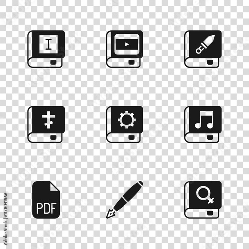 Set Fountain pen nib, Audio book, Book about women, User manual, weapon, cinema and Holy bible icon. Vector