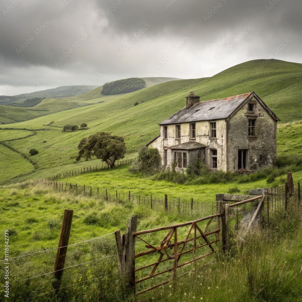 Morbid Charm of a Derelict Farmhouse in Rolling Hills. Generative AI