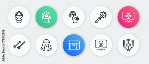 Set line Antique treasure chest, Crusade, Medieval arrows, helmet, Mace with spikes, Shield and icon. Vector