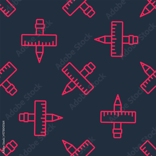 Red line Crossed ruler and pencil icon isolated seamless pattern on black background. Straightedge symbol. Drawing and educational tools. Vector photo