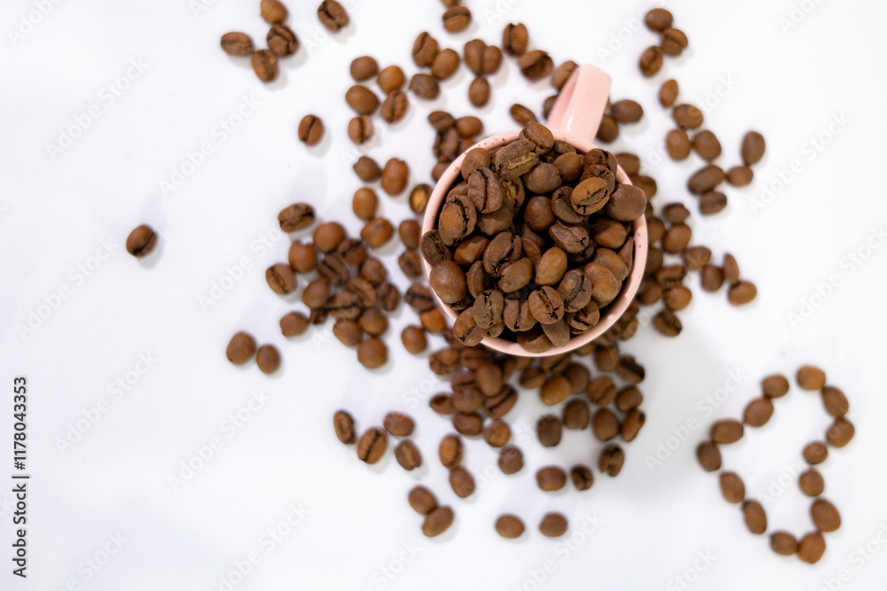 coffee grains falling into a cup or cupcake with coffee inside and symbols around it, creating a background coffee grains falling into a cup or cupcake with coffee inside and symbols around it, creating a background