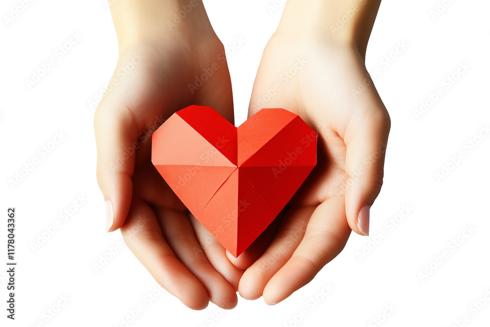 Obraz premium Hands gently holding a red origami heart, symbolizing love and care isolated on white transparent background. Concept of affection and compassion