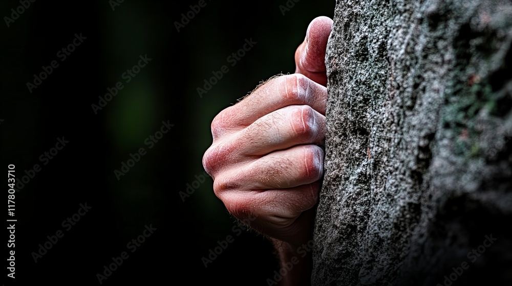 Close-up of a man's hand gripping a rock face, showcasing the strength and determination of a climber. Close-up of a man's hand gripping a rock face, showcasing the strength and determination of a climber.