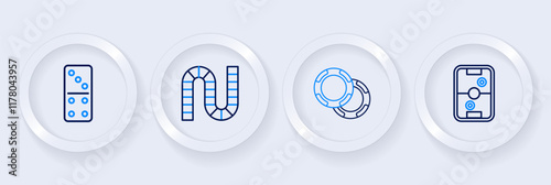 Set line Air hockey table, Casino chips, Board game and Domino icon. Vector