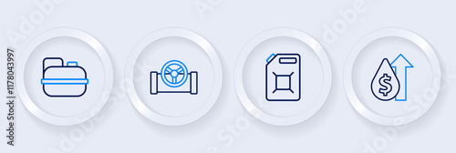 Set line Oil price increase, Canister for gasoline, pipe with valve and icon. Vector