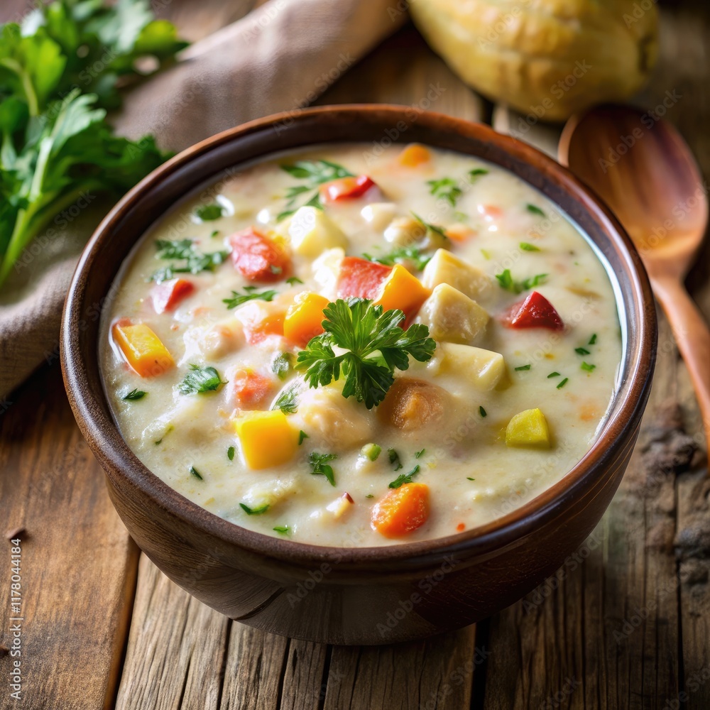 Creamy Vegetable Chowder Served in a Rustic Bowl. Generative AI Creamy Vegetable Chowder Served in a Rustic Bowl. Generative AI