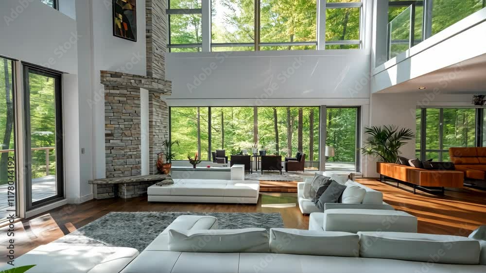Modern living room design with large windows and nature views in a contemporary home Modern living room design with large windows and nature views in a contemporary home