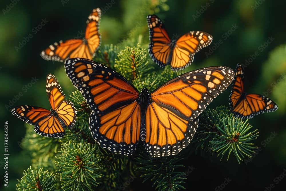Fototapeta premium A group of colorful butterflies perched on the branches of a pine tree