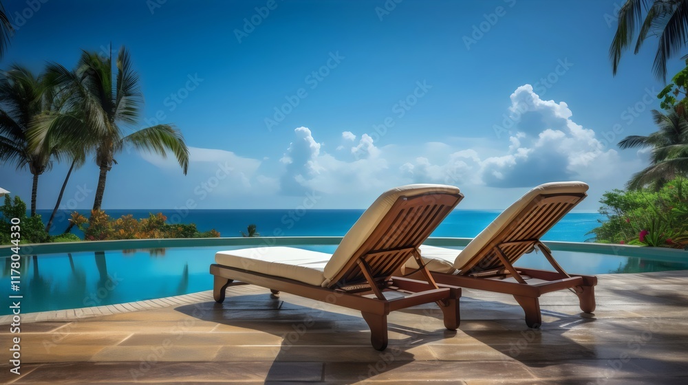 Summer vacation at the poolside, captured with a wide-angle view, showcasing vibrant surroundings, clear blue water, and a relaxing atmosphere for a perfect getaway Summer vacation at the poolside, captured with a wide-angle view, showcasing vibrant surroundings, clear blue water, and a relaxing atmosphere for a perfect getaway