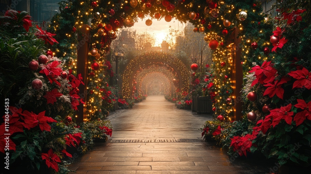 Fototapeta premium Festive Christmas Pathway Decorated With Lights And Poinsettias