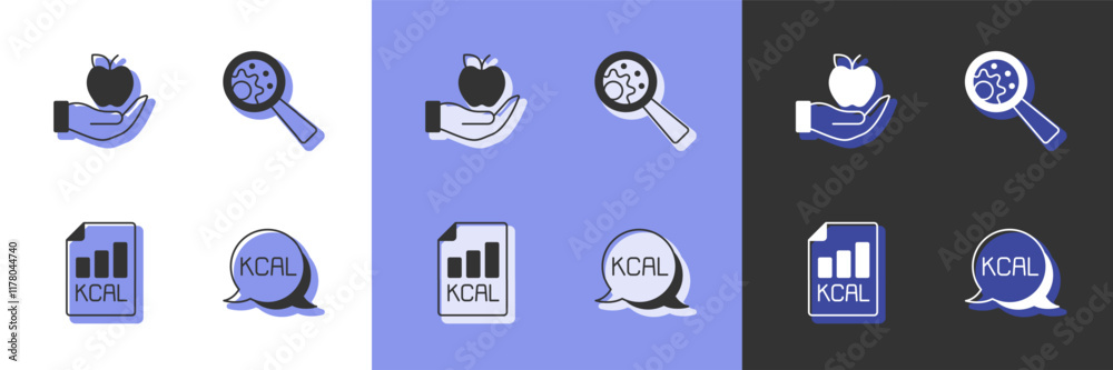 Set Kcal, Apple, Diet plan and GMO icon. Vector Set Kcal, Apple, Diet plan and GMO icon. Vector
