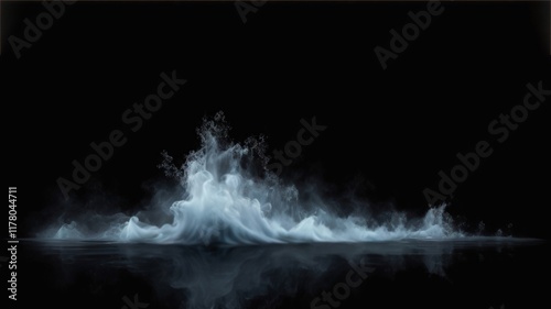 Realistic water haze or fog with splashes on water surface. Spooky steam over river on black backdrop
