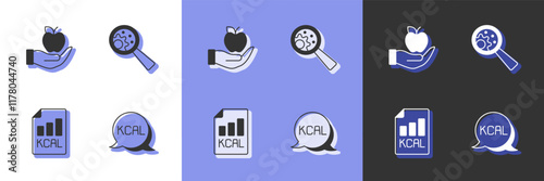 Set Kcal, Apple, Diet plan and GMO icon. Vector