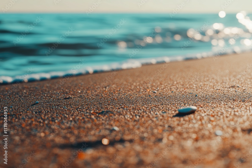Coastal scenery featuring a shell on sandy beach near the ocean Coastal scenery featuring a shell on sandy beach near the ocean