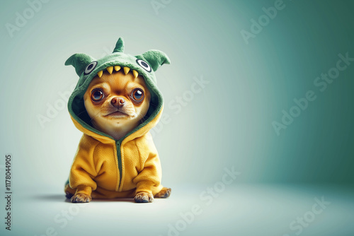 Dinosaur-Themed Chihuahua Costume: A tiny dog dressed in a green and yellow dinosaur hoodie with playful teeth and horns, sitting on light studio background with free space at the side photo