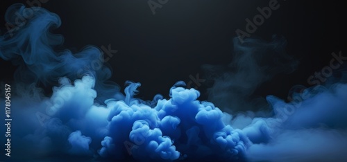 Black room with blue cloudiness, mist or smog over floor. Abstract scene with neon fog in the dark