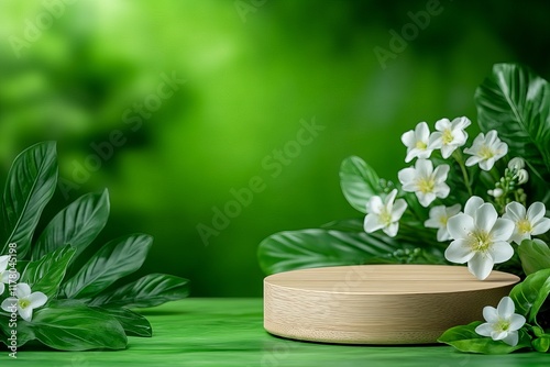 A wooden podium surrounded by lush white cistus ladanifer plants. Generative AI photo