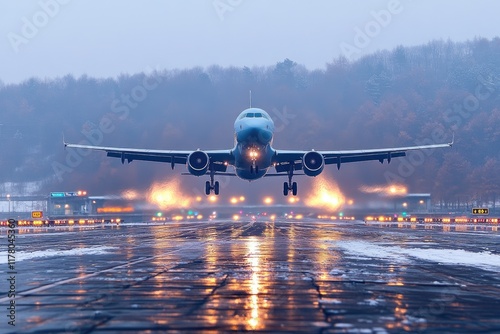 Airliner departing from an airport, suitable for travel or transportation concepts