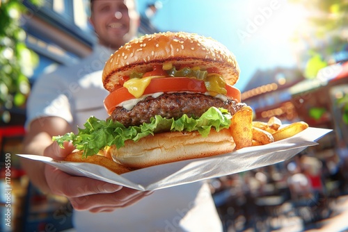 Wallpaper Mural Street food restaurant waiter holding freshly cooked burger. Generative AI Torontodigital.ca